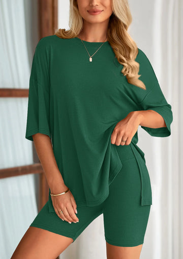 Women's 2-Piece Lounge Set – Summer Casual Oversized Shirt & Biker Shorts Outfit, Perfect for Travel & Airport Looks